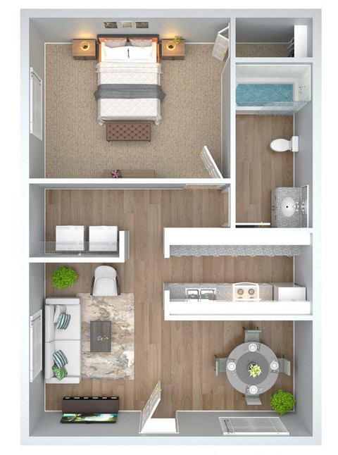 Floor plan for 1 bed, 1 bath, 909 sqft